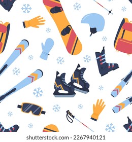 Seamless pattern with winter sport equipment flat style, vector illustration on white background. Snowboard, skates and skis, design for wrapping and packaging, winter activities