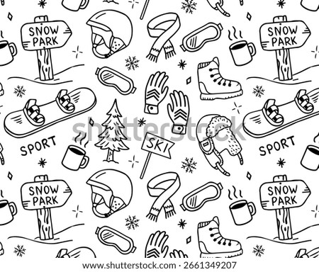 Seamless pattern with winter sport icons: snowboard, helmets, gloves, scarves, boots, mugs, ski signs and trees. Hand-drawn black and white vector doodle. Ideal for prints, web, packaging, stickers.