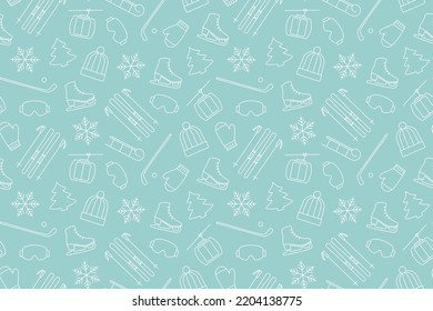 patrón transparente con iconos relacionados con el deporte de invierno: patines, esquís, teleférico, hockey, trineo, abeto, copo de nieve, grandioso para envolver, textil, papel pintado, tarjeta de saludo- ilustración vectorial