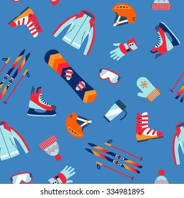 Seamless pattern of winter sport. Skating and mountain, snow and recreation, travel outdoor, equipment, cloths.