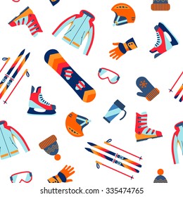 Seamless Pattern Of Winter Sport. Skating And Mountain, Snow And Recreation, Travel Outdoor, Equipment, Cloths.