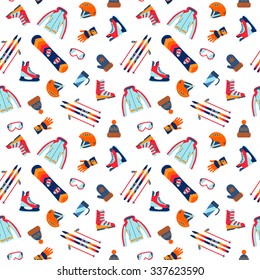 Seamless pattern of winter sport. Skating and mountain, snow and recreation, travel outdoor, equipment, cloths.