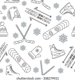 Seamless pattern of winter sport. Skating and ski, snow and recreation, travel outdoor, equipment, clothes.