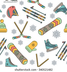 Seamless pattern of winter sport. Skating and ski, snow and recreation, travel outdoor, equipment, clothes.