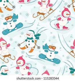  Seamless pattern with winter sport  snowman, sled, skates, skis,snowboard