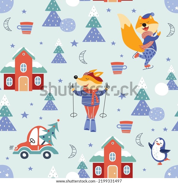 Seamless pattern. Winter sports. Cute cartoon
foxes are ice skating and skiing. The car is carrying a Christmas
tree. Houses with snow on the
roof.