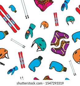 Seamless pattern with winter sports elements on white background. Icons: helmet, snowboard, ski, gloves, skates. Inscription for poster, booklet, banners, flyer, promotions, advertising.