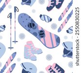 Seamless pattern with winter sports equipment. Snowboard, ski, goggles, ski boots, protective helmet in blue and pink colors. Hand drawn vector illustration in flat style. Print design, wallpaper