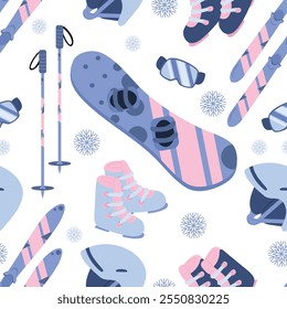 Seamless pattern with winter sports equipment. Snowboard, ski, goggles, ski boots, protective helmet in blue and pink colors. Hand drawn vector illustration in flat style. Print design, wallpaper