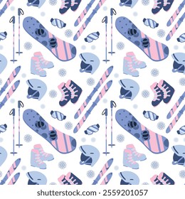 Seamless pattern with winter sports equipment. Snowboard, ski, goggles, ski boots, protective helmet in blue and pink colors. Hand drawn vector illustration in flat style. Print design, wallpaper