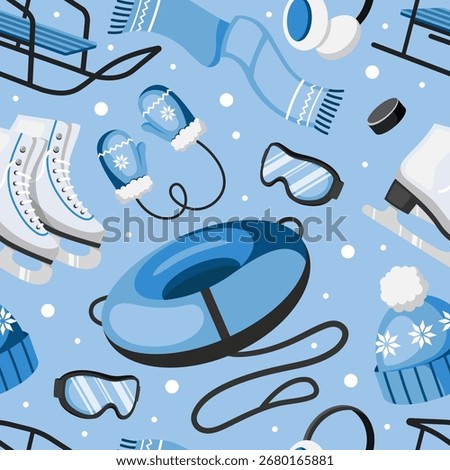 Seamless pattern of winter sports gear including skates, sled, mittens, scarf, goggles, hat, and tube on blue snowy background. Vector illustration