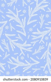 Seamless pattern with winter spruce branches and snowflakes. Vector graphics.
