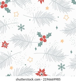 Seamless pattern with winter spruce branches, berries and poinsettia flowers, snowflakes. Christmas natural pattern. Vector graphics.