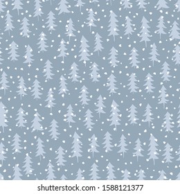 Seamless pattern with winter spruce forest drawn in monochrome colour. Surface design for wintery holiday and children collection.