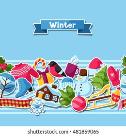 Seamless pattern with winter stickers. Merry Christmas, Happy New Year holiday items and symbols.
