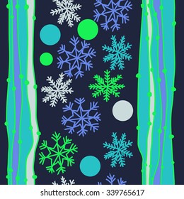 Seamless   pattern  of  winter  and striped motifs, doodles,  snowflakes,  ellipses, stripes. Hand drawn.