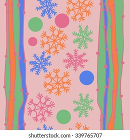 Seamless   pattern  of  winter  and striped motifs, doodles,  snowflakes,  ellipses, stripes. Hand drawn.