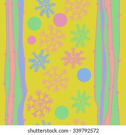 Seamless   pattern  of  winter  and striped motifs, doodles,  snowflakes,  ellipses, stripes. Hand drawn.