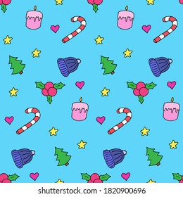 Seamless pattern in winter style, vector illustration. Colorful elements on blue board. Beautiful print for textile, greeting cards, wrapping paper, decor. Endless design. Creative background