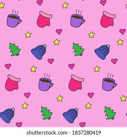 Seamless pattern in winter style, vector illustration. Colorful elements on pink board. Beautiful print for textile, greeting cards, wrapping paper, decor. Endless design. Creative background