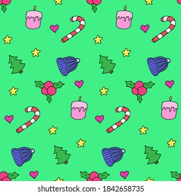 Seamless pattern in winter style, vector illustration. Colorful elements on green board. Beautiful print for textile, greeting cards, wrapping paper, decor. Endless design. Creative background