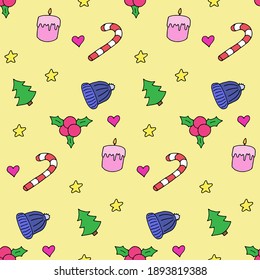 Seamless pattern in winter style, vector illustration. Colorful elements on yellow board. Beautiful print for textile, greeting cards, wrapping paper, decor. Endless design. Creative background. 