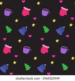 Seamless pattern in winter style, vector illustration. Colorful mitten, mug and tree elements on black board. Beautiful print for textile, greeting cards, wrapping paper, decor. Endless design. Creative background. 