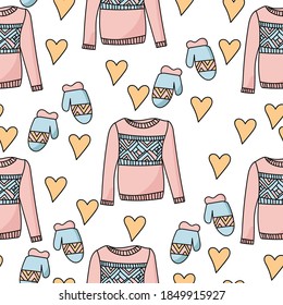 Nahtloses Muster mit WinterPullover und gemütlichen Milzfäudern, duodle Herzen auf weißem Hintergrund, Weihnachts-Winterset, Vektorgrafik für Design