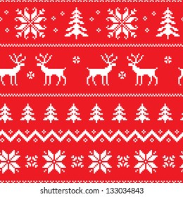 Seamless pattern with winter sweater design - deer, snowflake and christmas tree