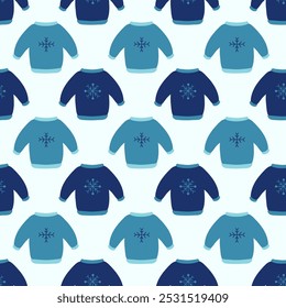 Seamless pattern. Winter sweaters with snowflakes design. Cozy winter background. Vector flat illustration.