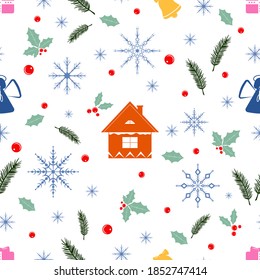 Seamless pattern with winter symbols in multi colors. New Year and Christmas ornament with houses, angels, bells, snowflakes, pine branches. Templates on white and transparent background.