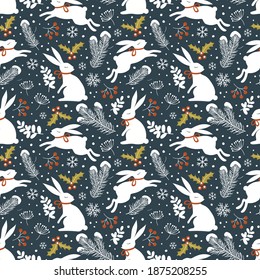 Seamless pattern for a winter theme. Hares, snowflakes, rowan, tree and snow. Christmas and New Year design.