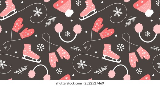Seamless pattern with winter things, skates, mittens, hat on a background of snowflakes. Vector graphics.