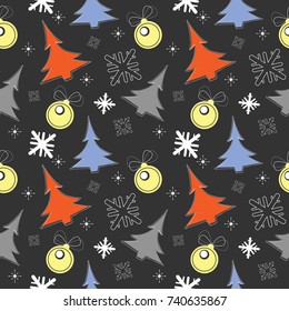 Seamless pattern with winter toys, snowflakes and Christmas trees. Vector image for your creative ideas.
