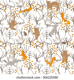 Seamless pattern with winter trees and animals.Endless texture.