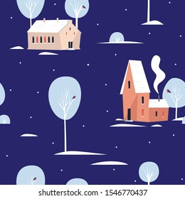 Seamless pattern with winter trees and houses with white roofs on blue background. New Year picture. Can be used to decorate holiday packages, wrapping paper, textiles. Vector seasonal illustration.