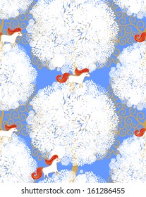 Seamless pattern with winter trees and small horses