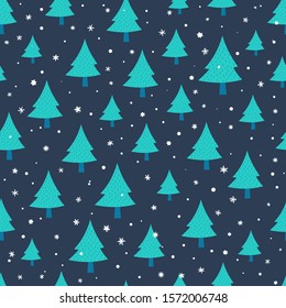 Seamless pattern of winter trees with snowflakes