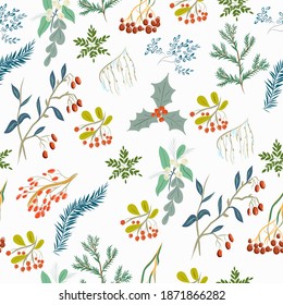 Seamless pattern with winter twigs and berries