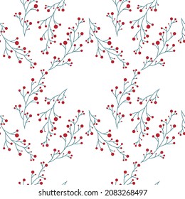 Seamless pattern of winter twigs with red berries. Vector illustration for background, decor, fabrics and postcards