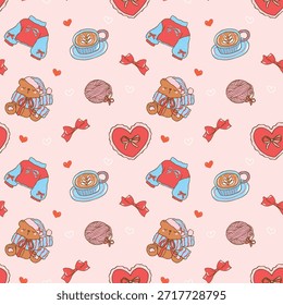 Patrón sin fisuras de San Valentín de invierno con un azul y rojo de moda Cozy Winter retro preppy y coqueta estética dibujado a mano de fondo de dibujos animados mezcla lazos de San Valentín y Elementos de invierno acogedores para envolver papel o tela.