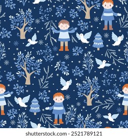 Seamless pattern for winter vibes. Boy surrounded with tree in winter time.