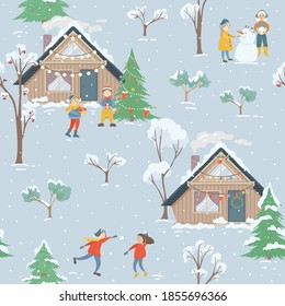 Seamless pattern with winter village and winter fun entertainments