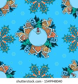 
Seamless pattern Winter village landscape with a snowman and snowflakes on a blue background