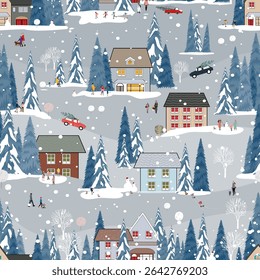 Seamless Pattern Winter Village landscape background,City Night Sky with snowy people in park, Celebrating Christmas,New Year 2026,Vector Pattern cute cartoon Xmas winter wonderland for wallpaper