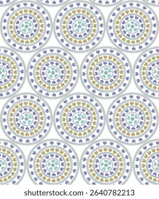 Seamless pattern of winter violet, yellow and blue circles mandala 3D effect design with white background heart textured pattern for textiles and wallpapers