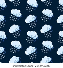 Seamless pattern with winter weather icon clouds, wind, and snowflakes. Design is perfect for seasonal projects, winter designs, and wrapping. Cartoon style.