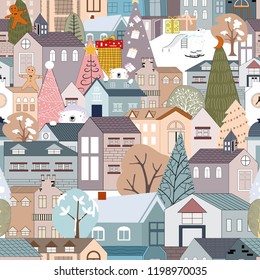 Seamless pattern winter wonderland, Cute Christmas landscape in the town with fairy tale houses,Ginger bread man, polar bear,Christmas trees with decorations on holiday eve. Vector Holiday background