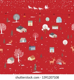 Seamless pattern Winter wonderland, Cute cartoon of Santa sleigh and reindeers flying over sky with tees, Reindeers family and farm hous, Flat vector seamless for wall paper or fabric and textile.