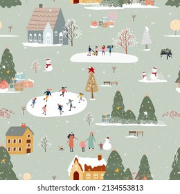 Seamless pattern Winter wonderland landscape in village,Vector illustration Happy kid playing ice skates in the park,Endless Winter city nightlife on holiday for Christmas and new year 2022 background